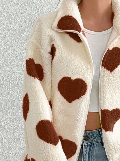 PREORDER Heart Zip Up Drop Shoulder Furry Jacket