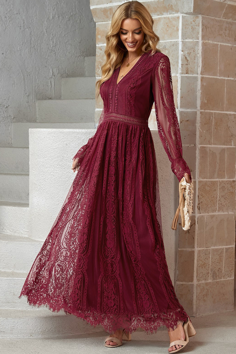 Mallory Scalloped Hem Flounce Sleeve Lace V-Neck Maxi Dress- 1 size XL/Wine left! FINAL SALE!