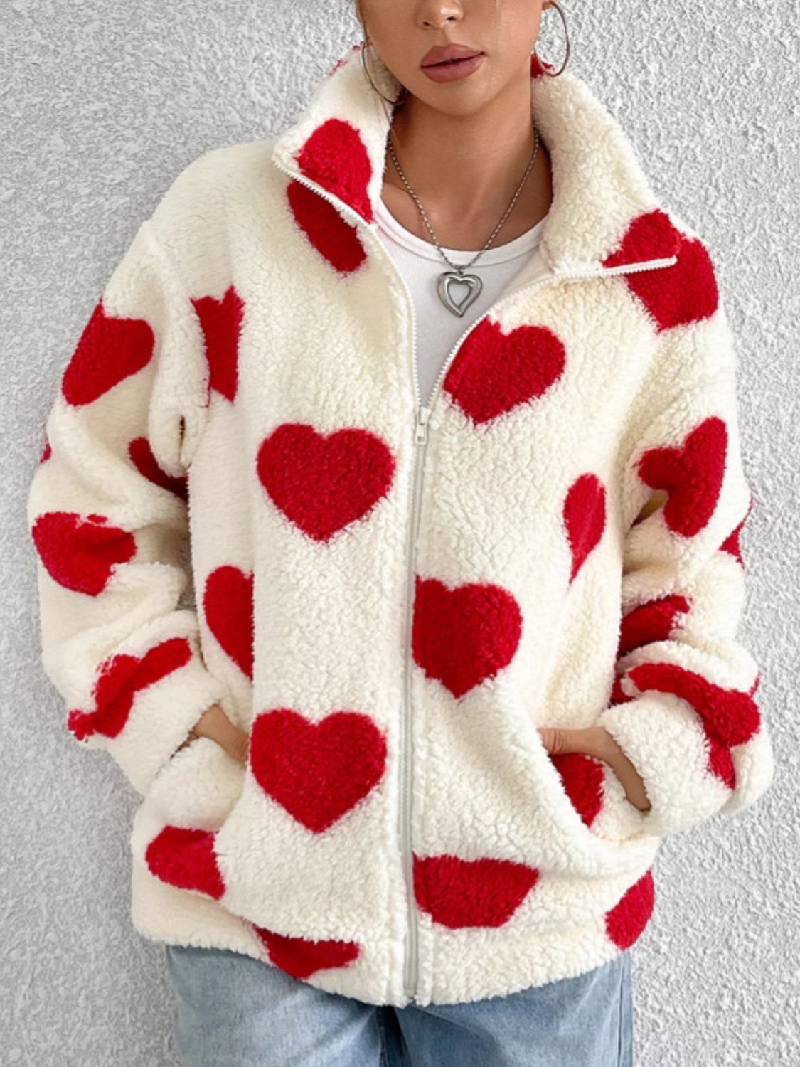 PREORDER Heart Zip Up Drop Shoulder Furry Jacket