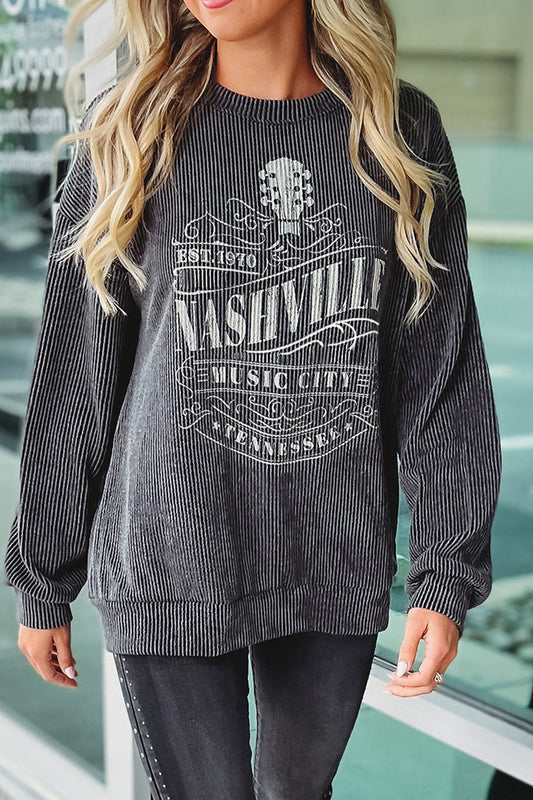 Taisley Ribbed Round Neck Long Sleeve Graphic Sweatshirt- 1 size L/Beige left! FINAL SALE!