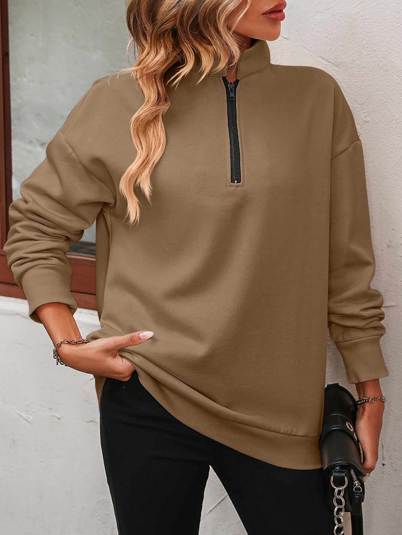 Zip Up Dropped Shoulder Sweatshirt