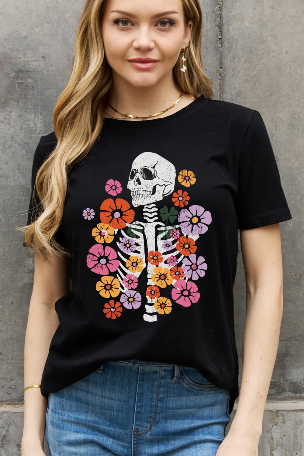 Simply Love Simply Love Skeleton & Flower Graphic Cotton Tee