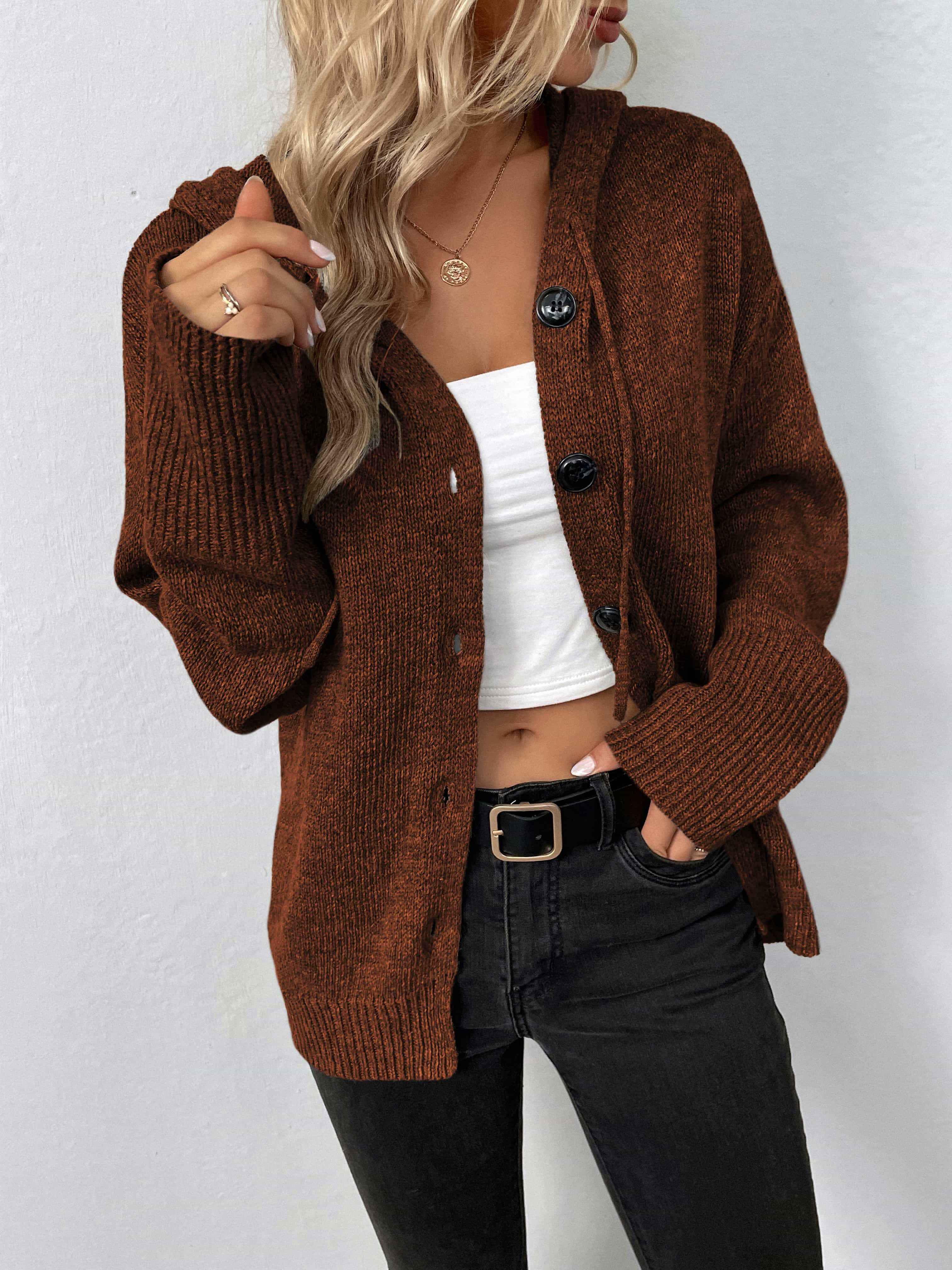 Hooded button up sweater sale