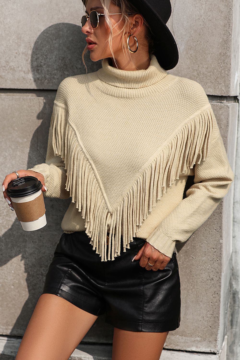 Turtle Neck Tassel Front Long Sleeve Pullover Sweater