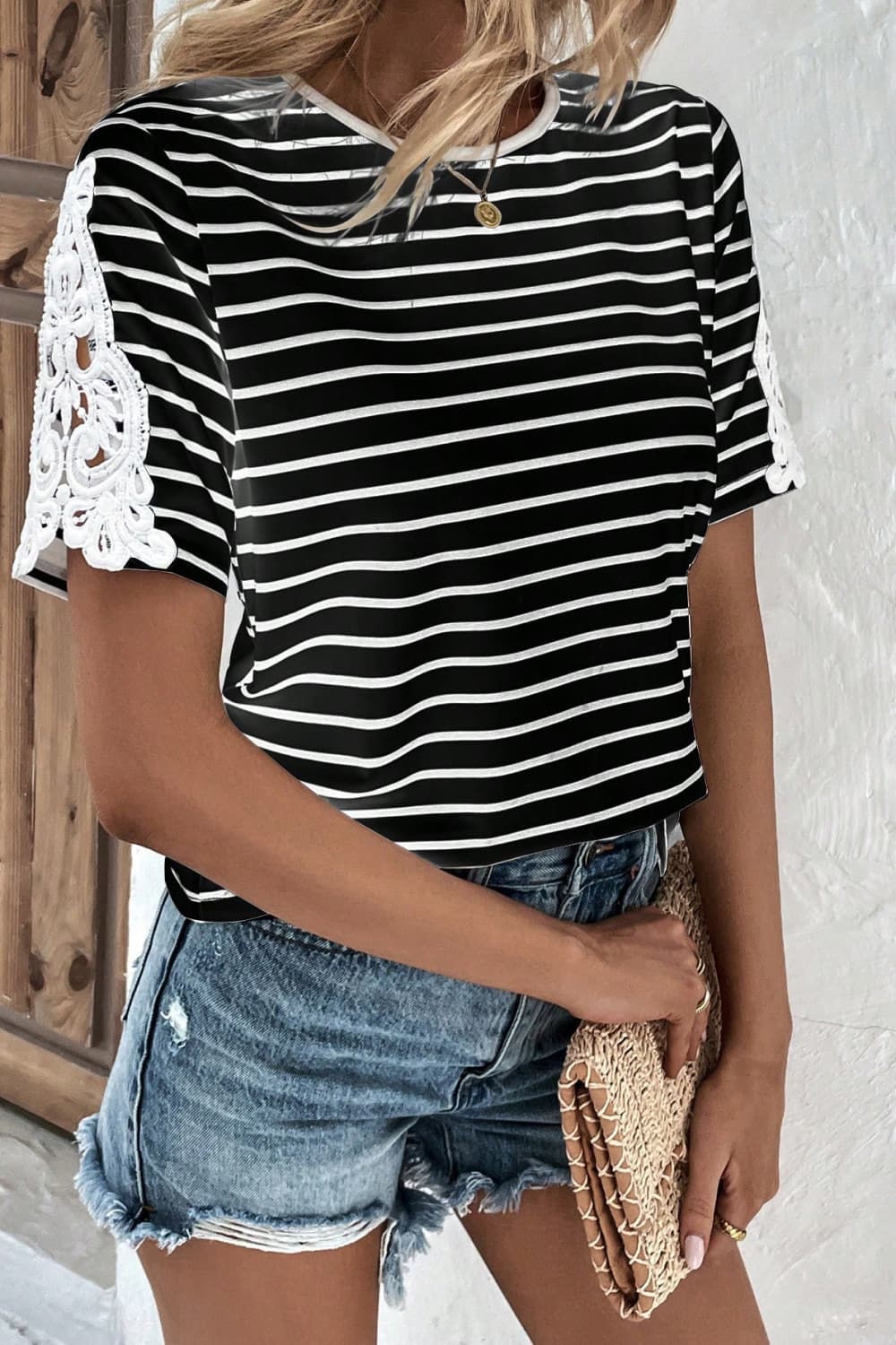 Striped Spliced Lace Round Neck Tee