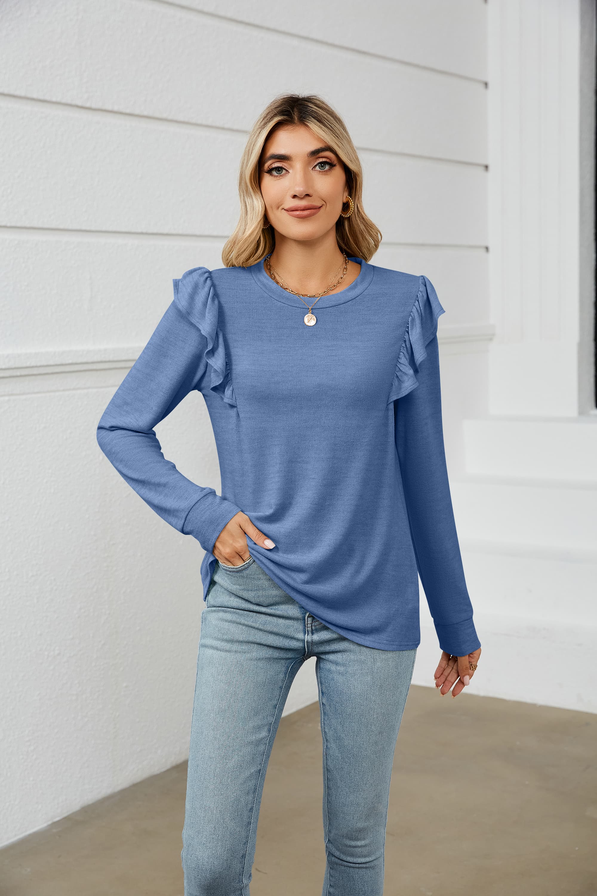 Ruffle shoulder discount long sleeve top