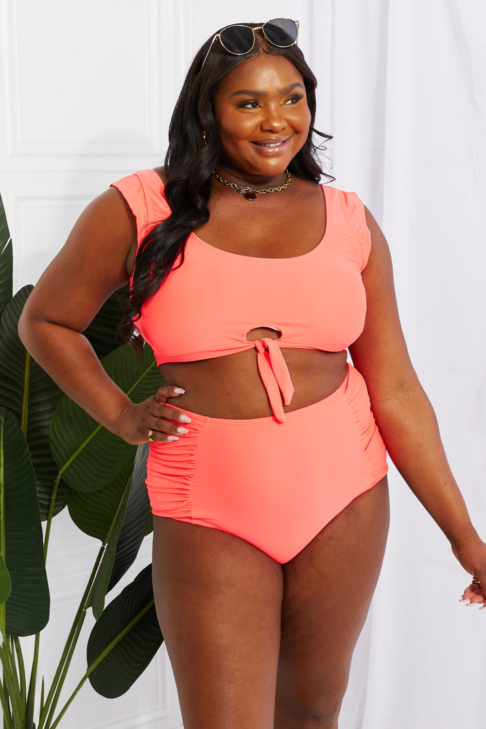 Sanibel Crop Swim Top and Ruched Bottoms Swimsuit in Coral