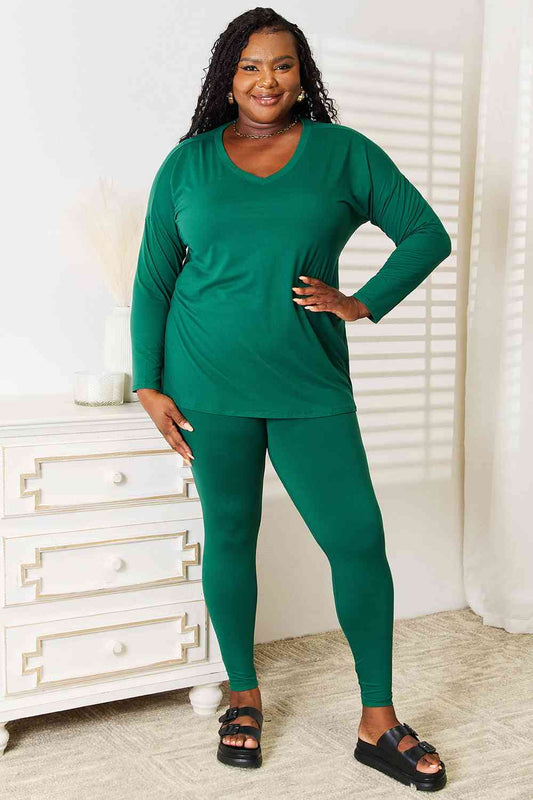 Lazy Days Full Size Long Sleeve Top and Leggings Set in Dark Green