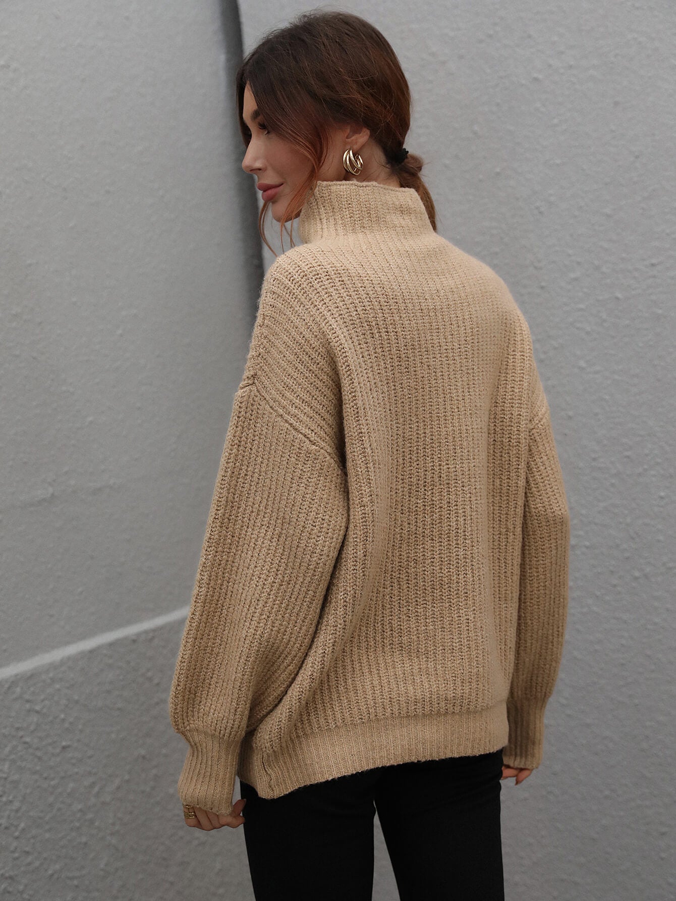 High collar ribbed knit sweater