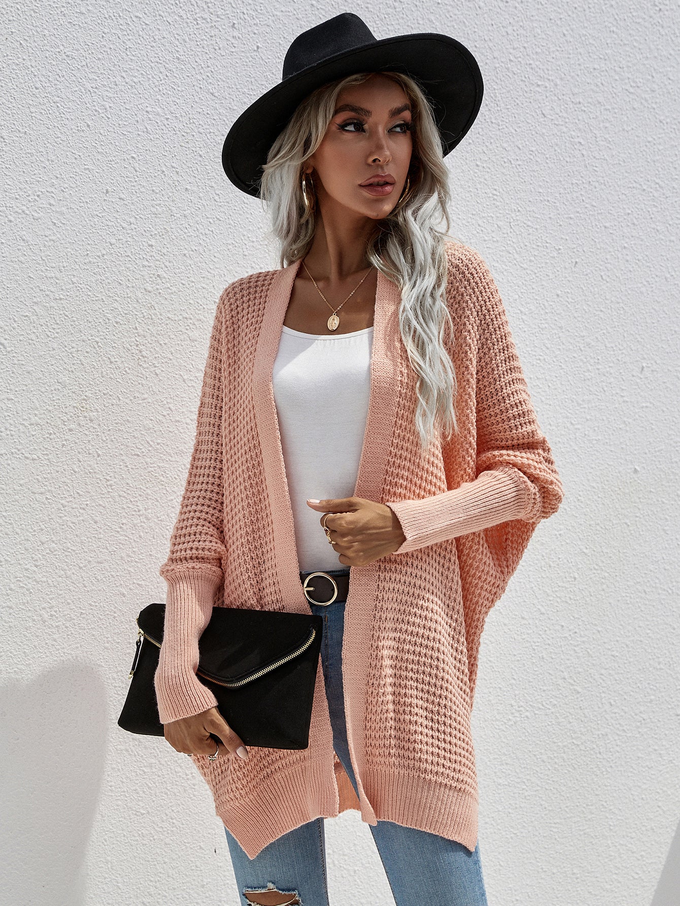 Waffle Knit Open Front Cardigan
