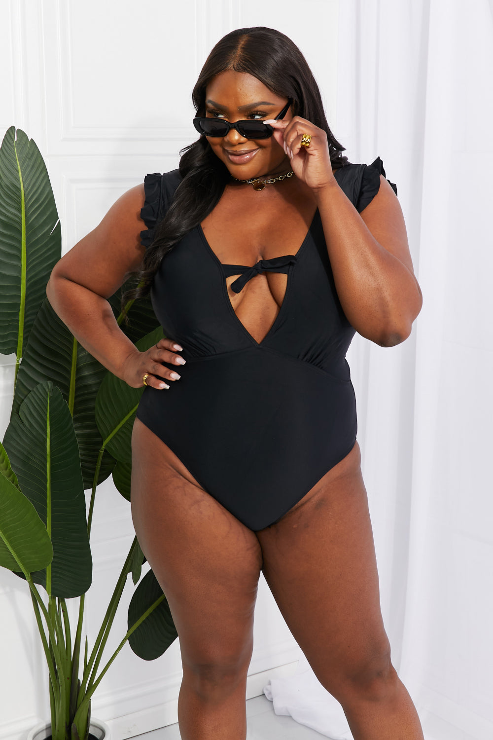 Seashell Ruffle Sleeve One Piece Swimsuit in Black The Nest On Main