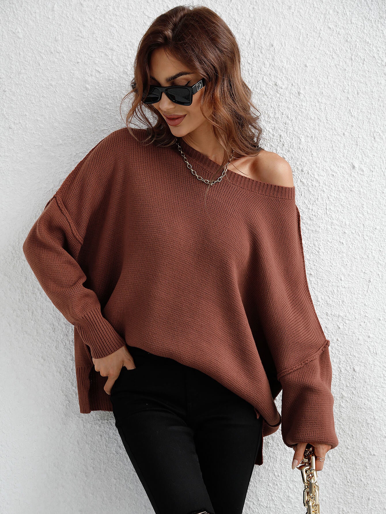 Exposed Seam Dropped Shoulder Slit Sweater The Nest On Main