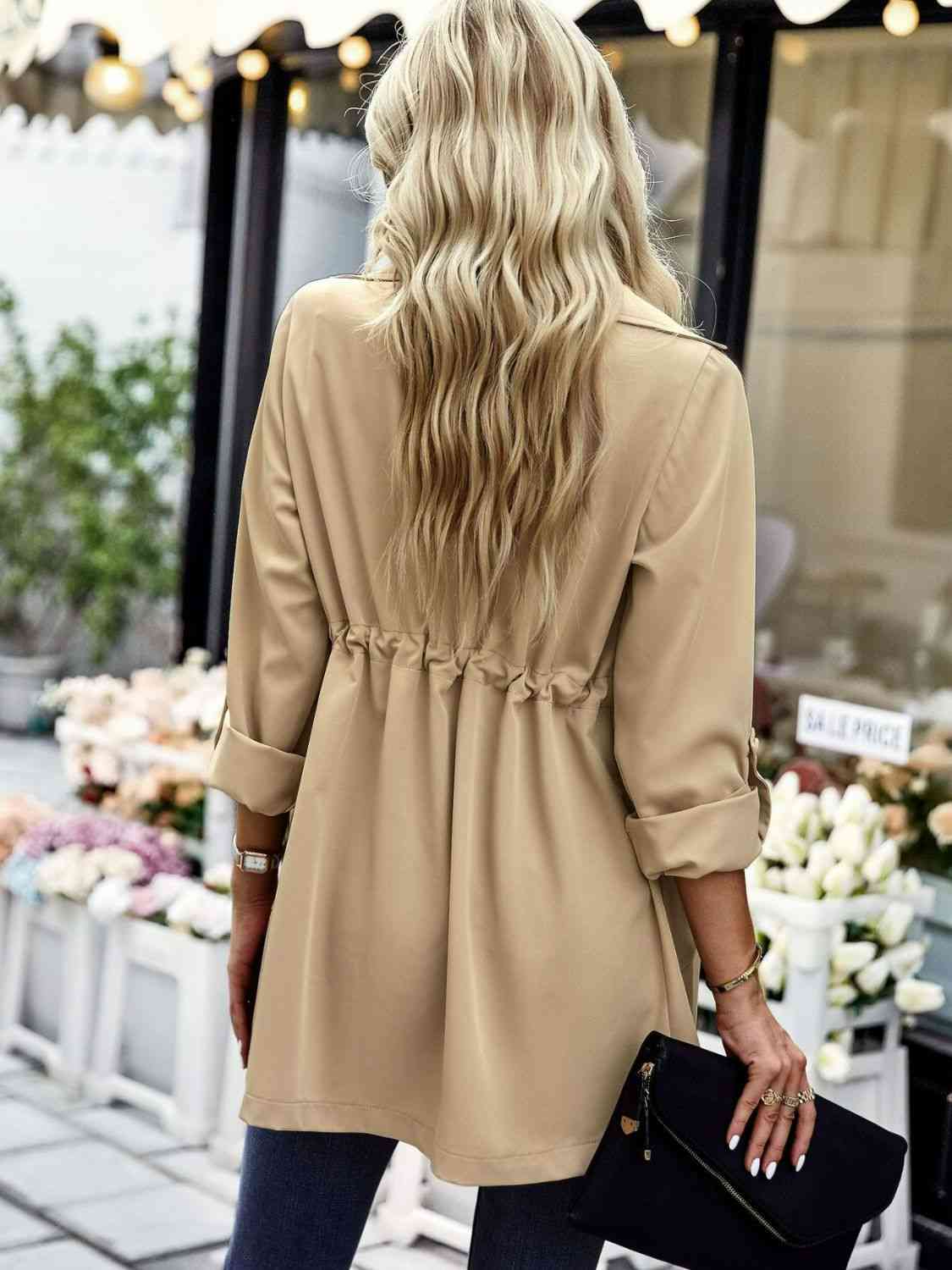 Open Front Drawstring Trench Coat with Pockets