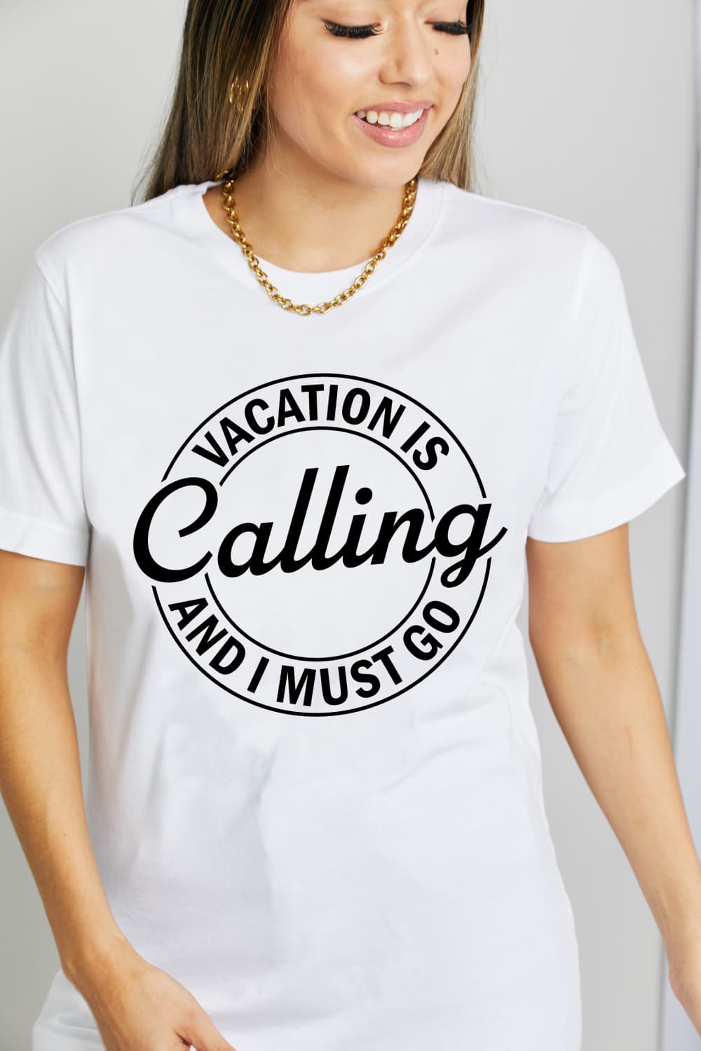 Simply Love VACATION IS CALLING AND I MUST GO Graphic Cotton T-Shirt