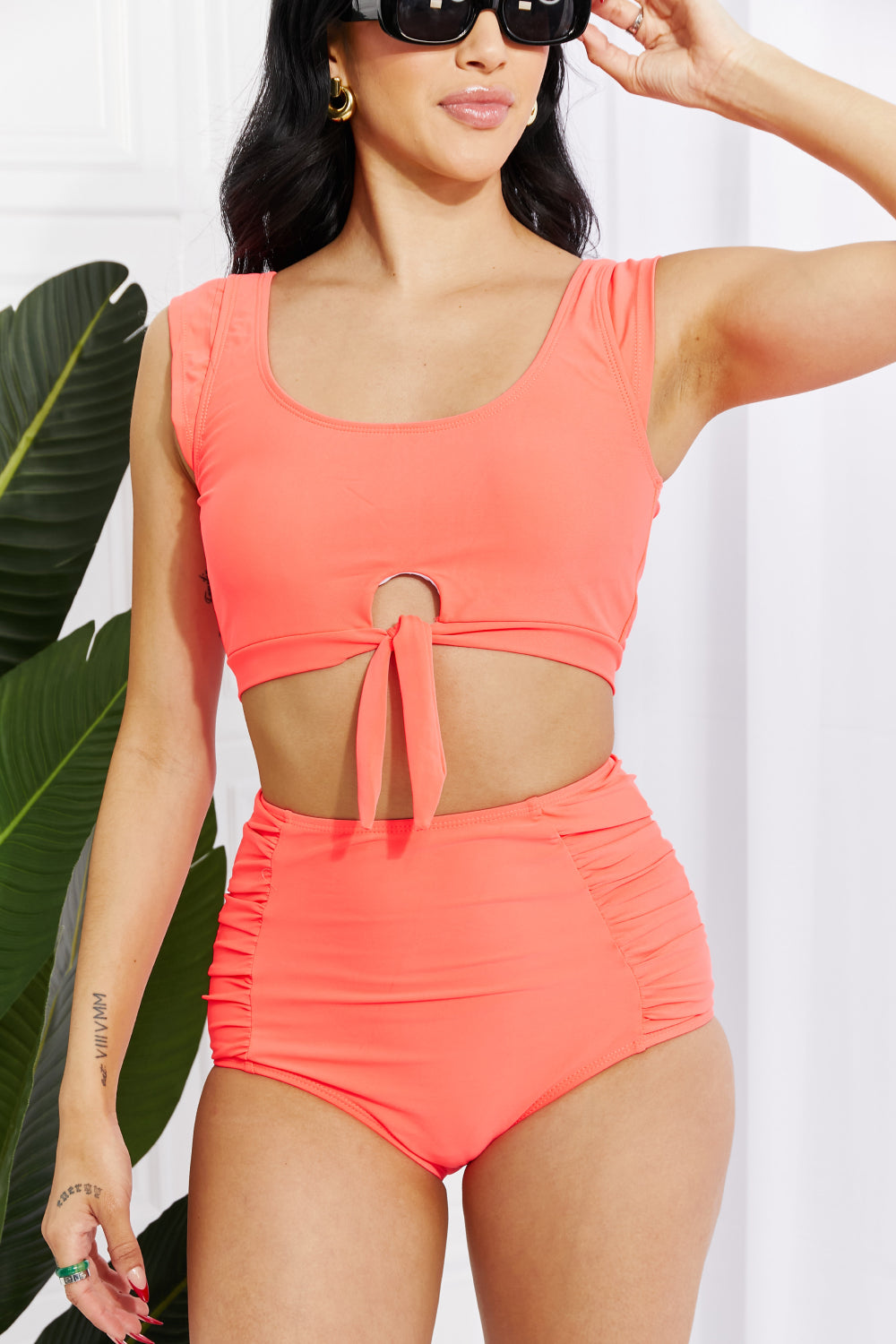 Sanibel Crop Swim Top and Ruched Bottoms Swimsuit in Coral