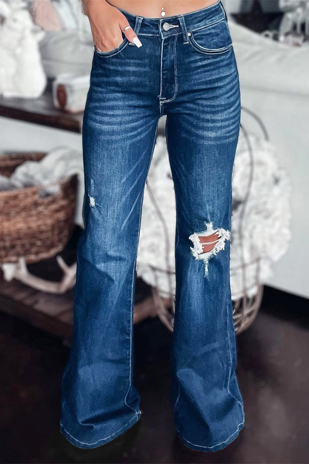 Ava Asymmetrical Open Knee Distressed Flare Jeans- only size 8 left! FINAL SALE!