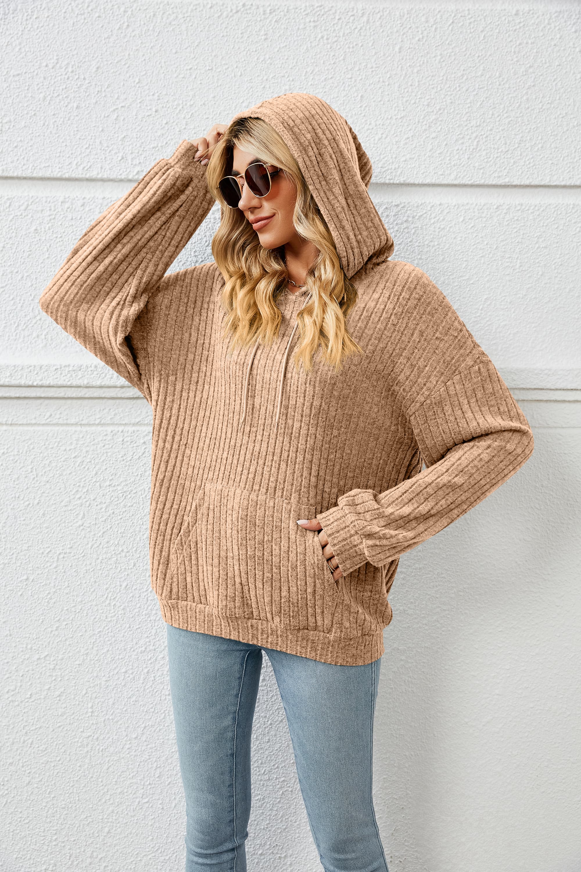 Ribbed sales hooded sweater