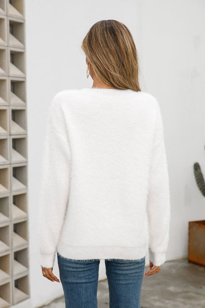 Dropped Shoulder Round Neck Fuzzy Sweater