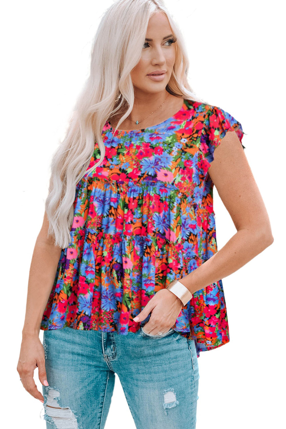Floral Round Neck Frill Trim Blouse