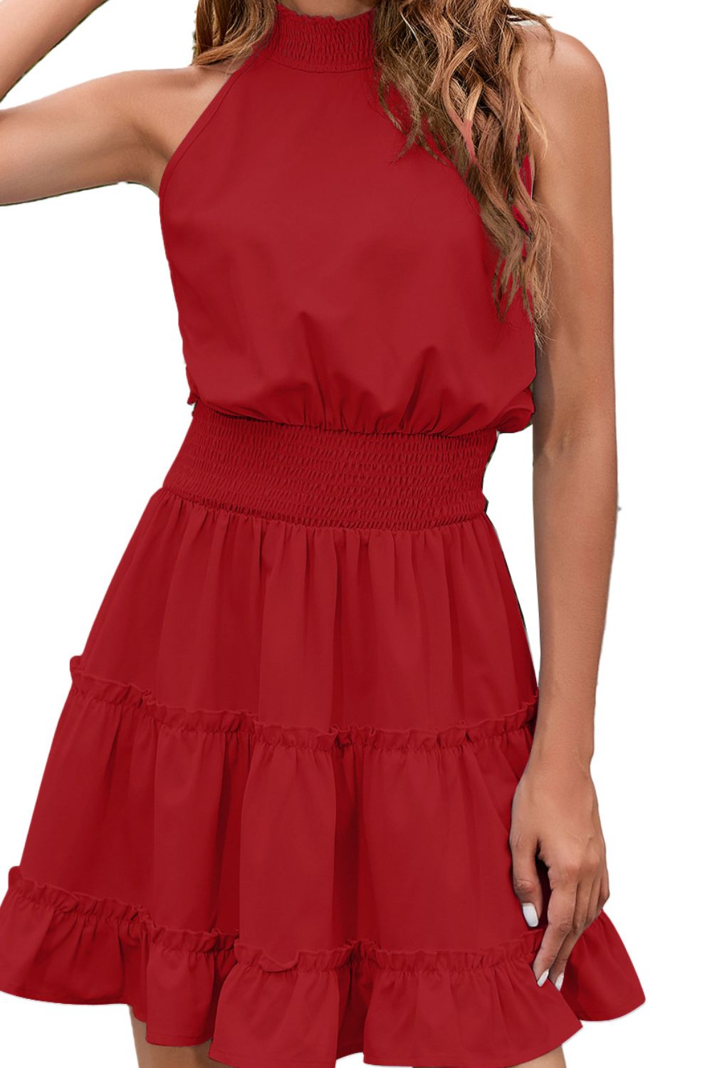 Hallie Frill Trim Smocked Waist Grecian Neck Sleeveless Dress- 1 size M RED left! FINAL SALE!