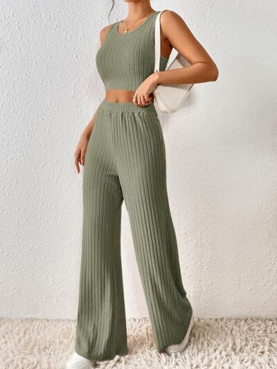 Ribbed Round Neck Tank and Pants Sweater Set