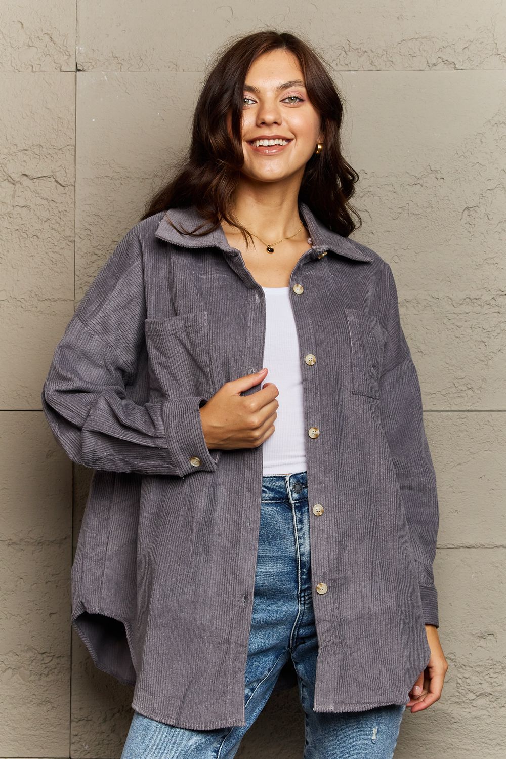 Collared Neck Dropped Shoulder Button-Down Jacket