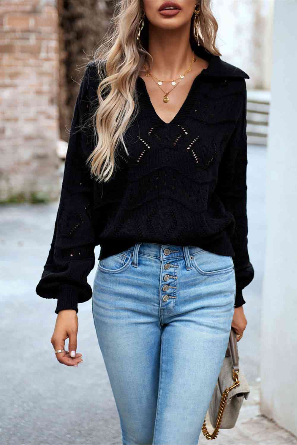 Openwork Long Sleeve Notched Neck Sweater