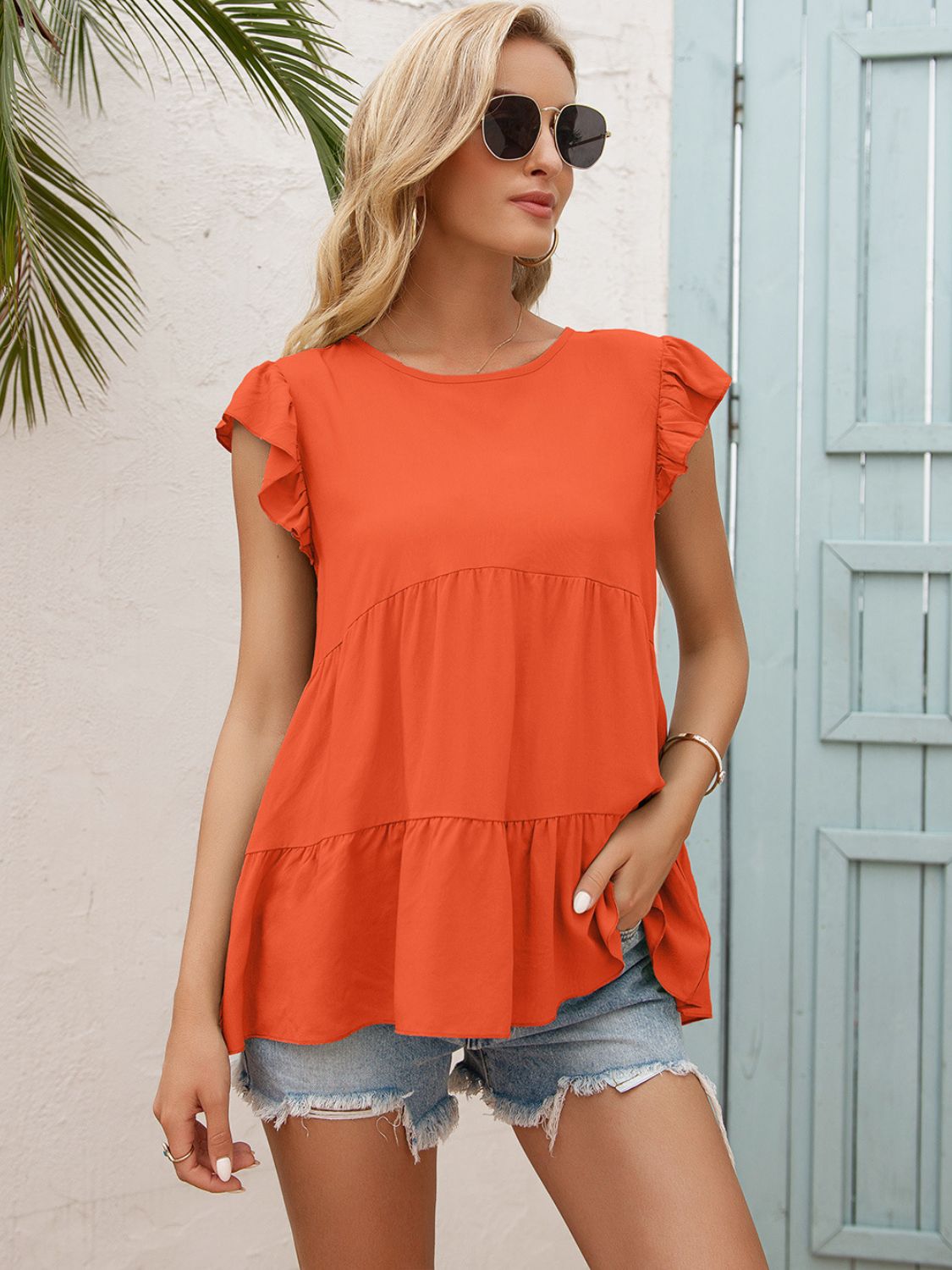Round Neck Flutter Sleeve Tiered Blouse