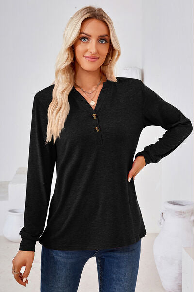 Notched Button Detail Long Sleeve T-Shirt