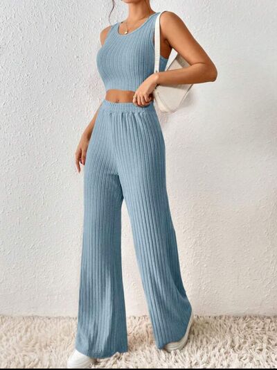 Ribbed Round Neck Tank and Pants Sweater Set