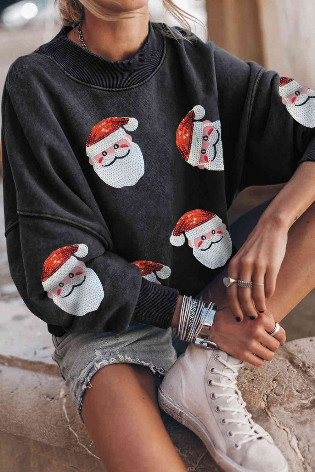 Sequin Santa Patch Round Neck Sweatshirt