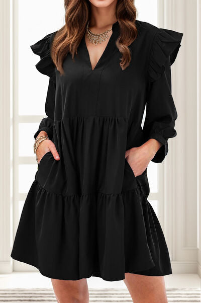 Ruffled V-Neck Long Sleeve Mini Dress
