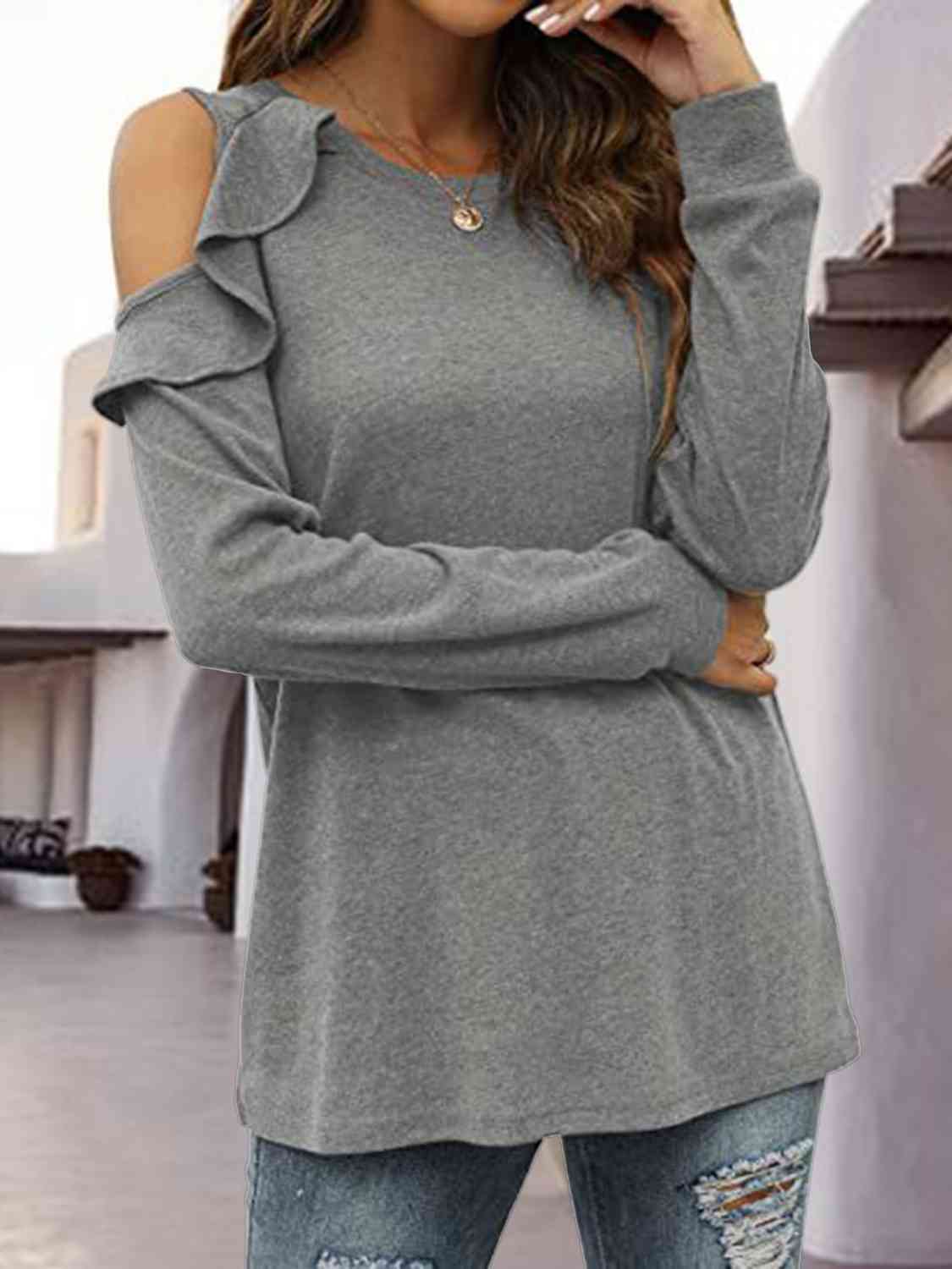 Round Neck Ruffled Cold-Shoulder Blouse